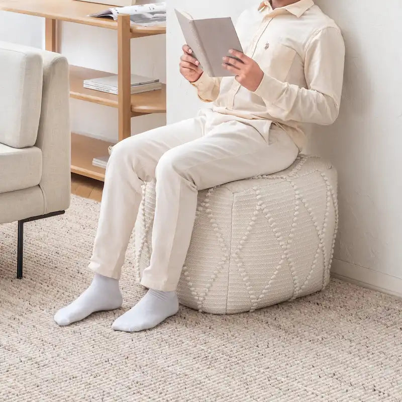 Pouf Ottoman - Cotton-Blend Upholstery with Firm EPP Bead Filling - Footrest or Extra Seating for Living Room