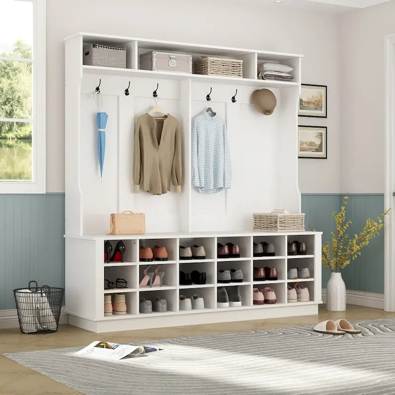 Large Hall Tree for Entryway Coat Rack Shoe Bench with Bottom Storage
