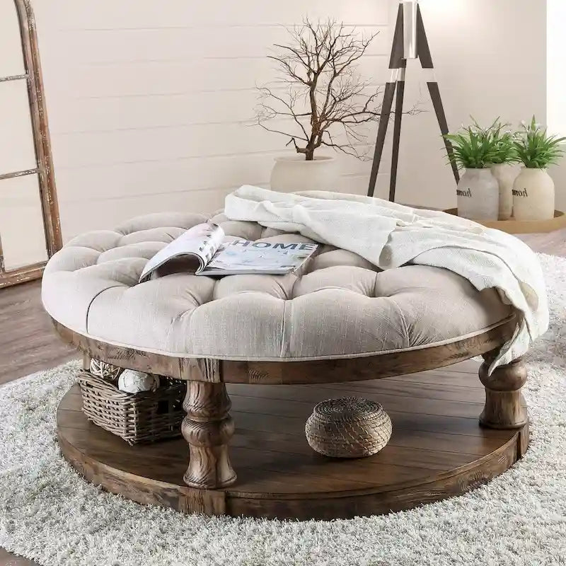Rustic 48-inch Fabric Tufted 1-Shelf Round Coffee Table