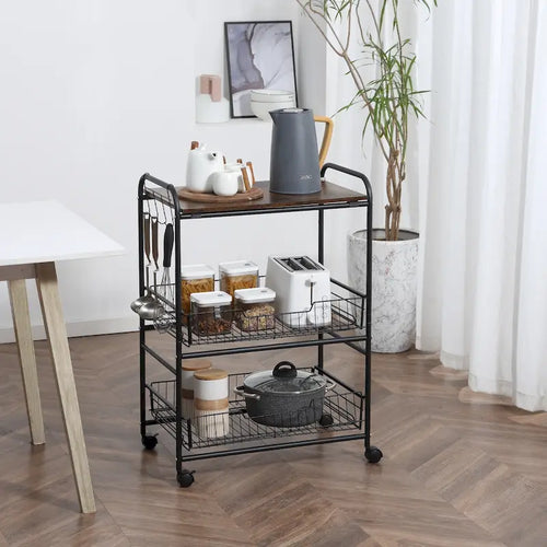 24 3-Tier Rolling Kitchen Cart, Utility Storage Trolley with 2 Basket Drawers, Side Hooks for Dining Room