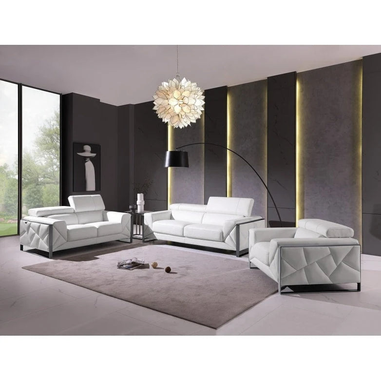 89 White Leather Sofa with Silver Legs - 35 H x 89 W x 43 D