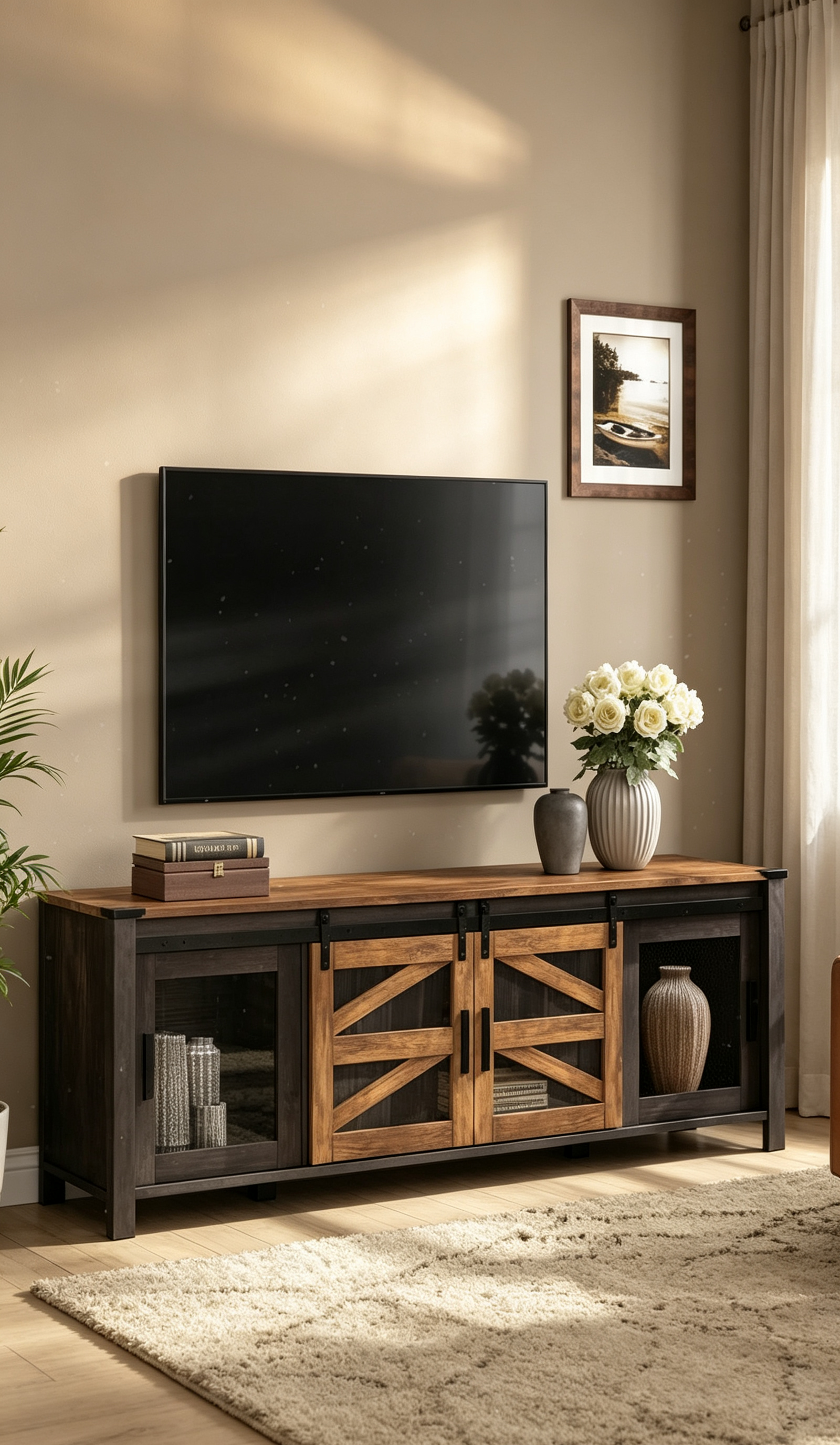 Mobile TV scorrevole stile fienile con centro di intrattenimento per TV da 75 pollici